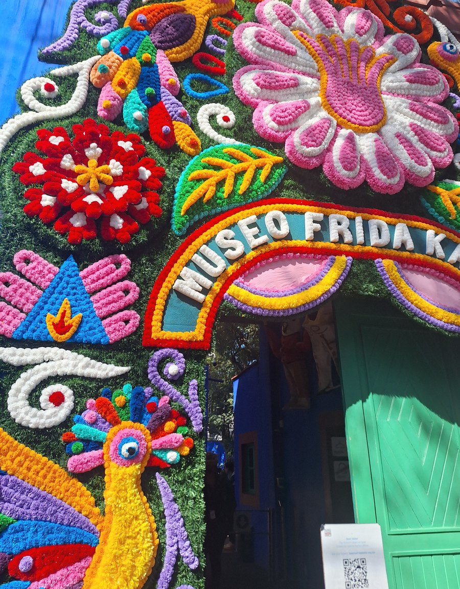 Rótulo del Museo Frida Kahlo entre flores pintadas